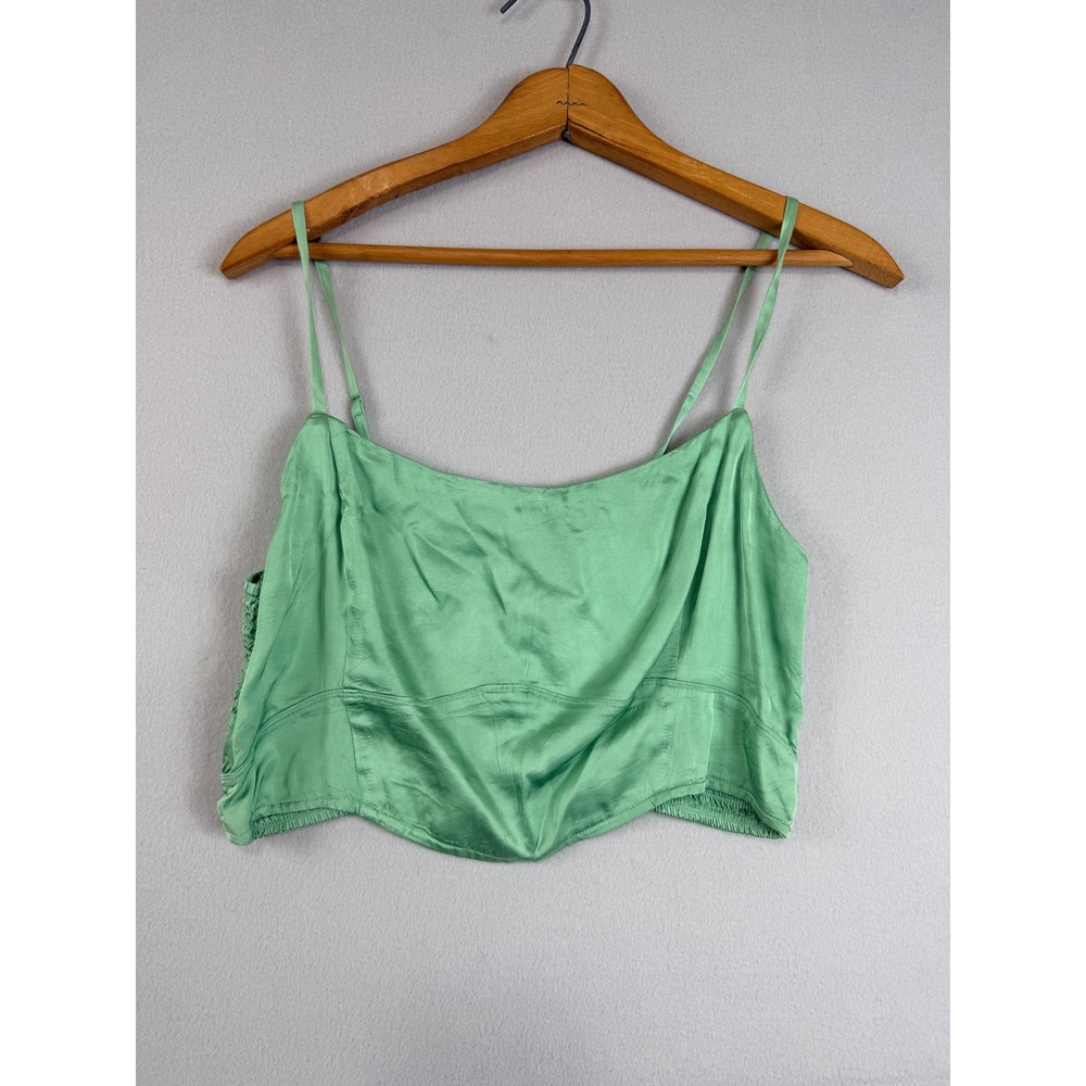Aerie Womens Satin Corset Crop Top Green Smocked Back Adjustable Straps L NEW‎